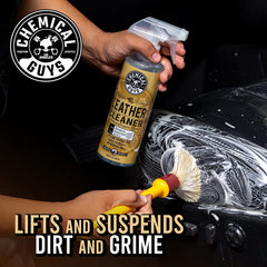 Chemical Guys leather cleaner bottle closeup highlighting label clarity and safe cleaning performance