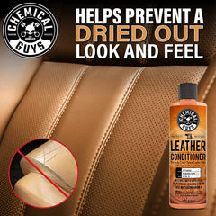 Chemical Guys leather conditioner texture on applicator pad showing nourishing finish and supple benefit