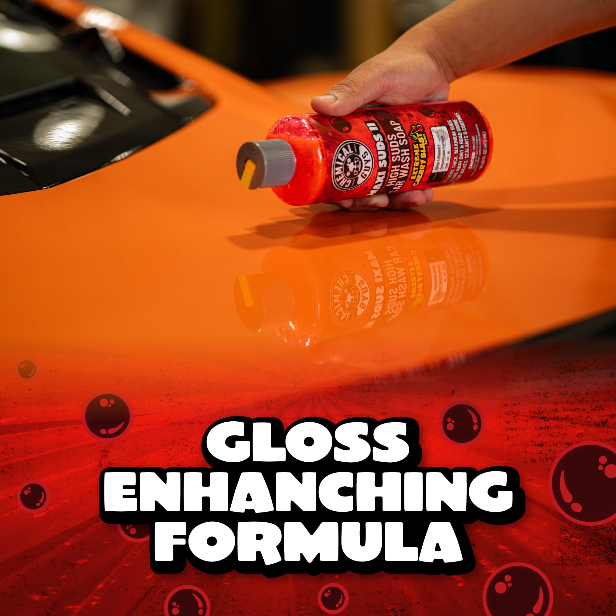 Chemical Guys foam cannon spraying rich foam across a vehicle for safe cleaning