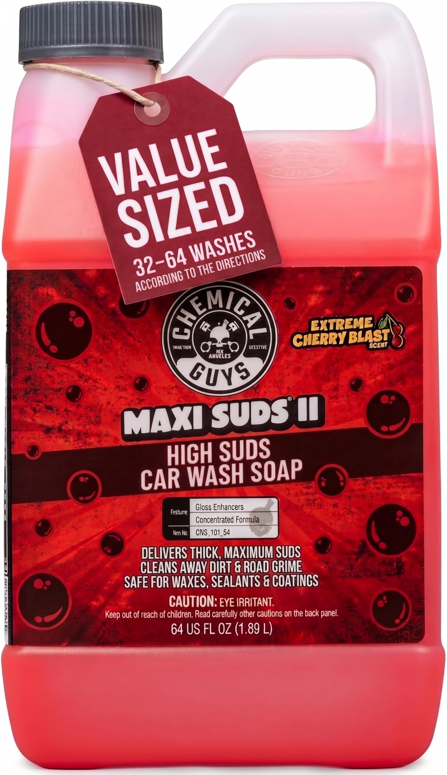 Chemical Guys bottle front view showing Maxi-Suds II cherry scent benefit