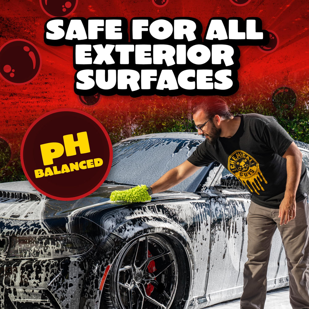 Chemical Guys mitt in hand washing a car door showing safe, lubricated glide