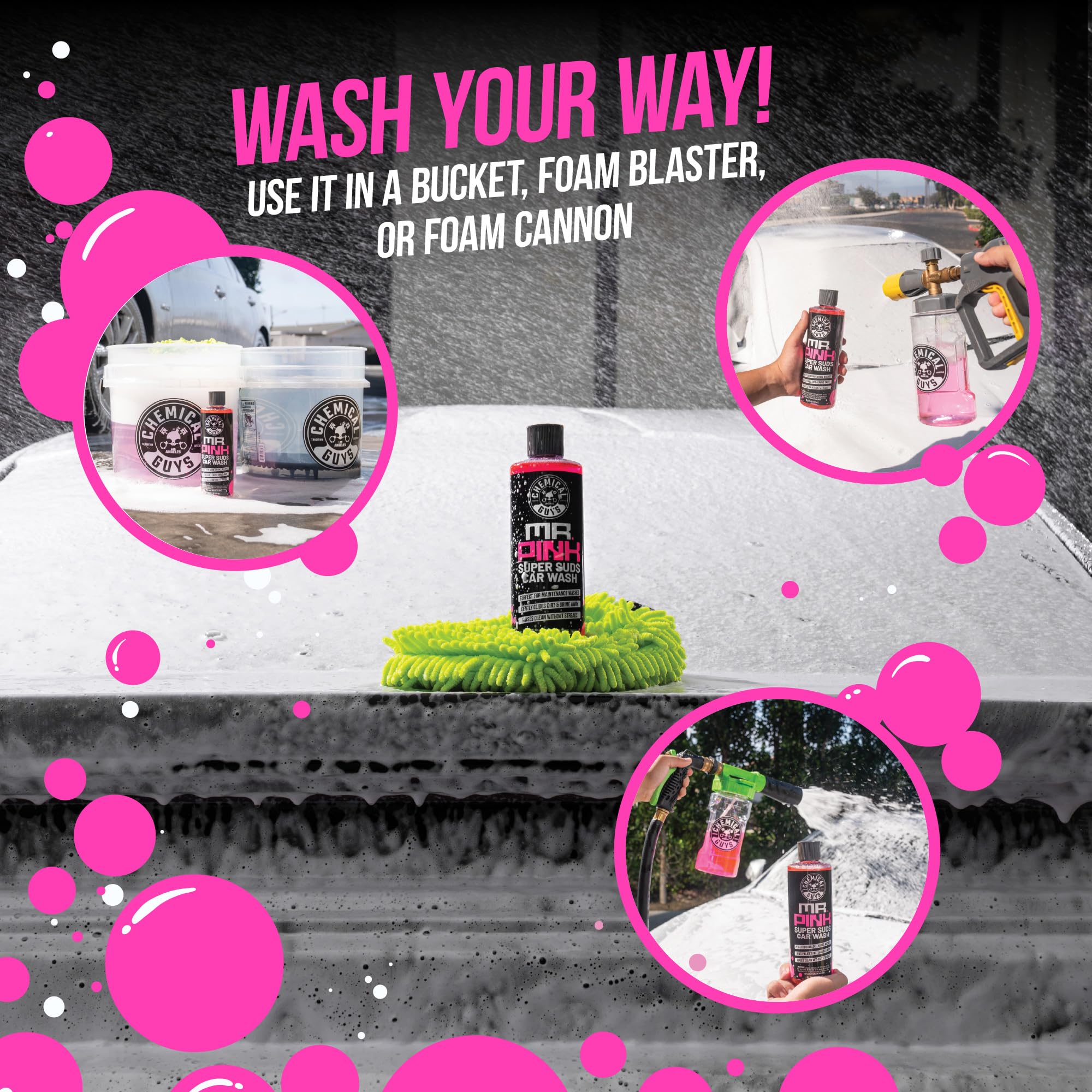 Chemical Guys mitt in use washing car panel, reduces swirl risk while cleaning