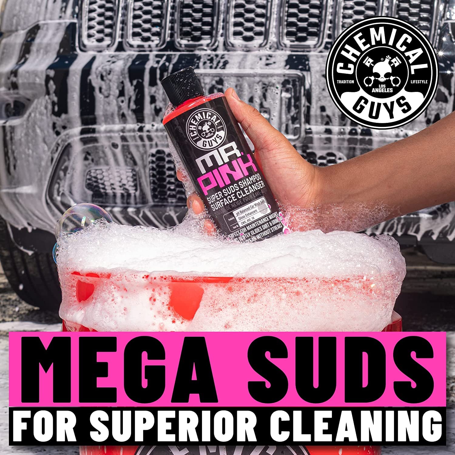 Chemical Guys Mr. Pink bottle angled to show concentrate and usage clarity