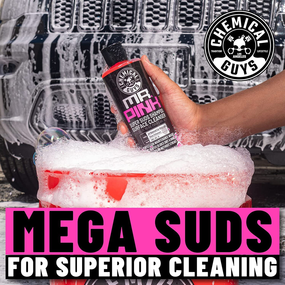 Chemical Guys Mr. Pink bottle angled to show concentrate and usage clarity