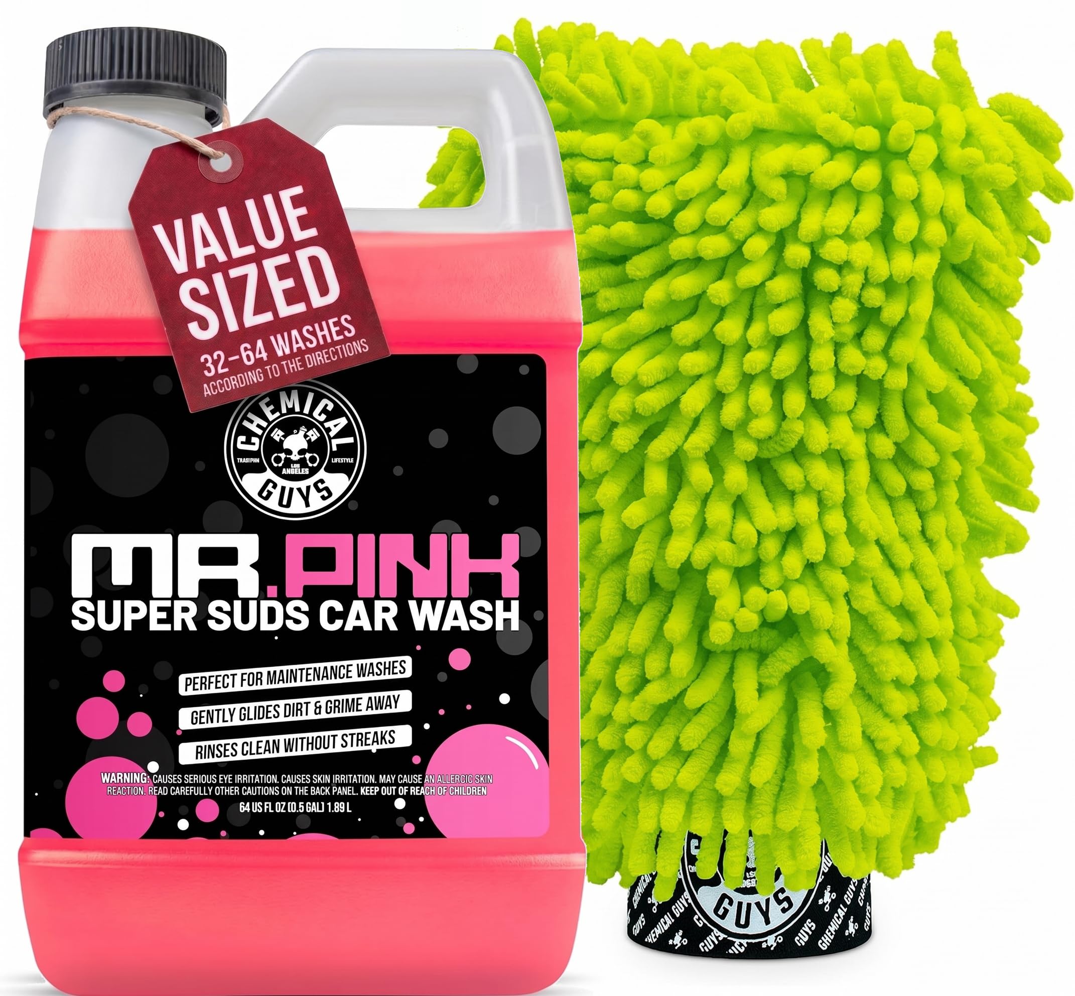 Chemical Guys Mr. Pink front bottle showing label and size, highlights concentrated suds