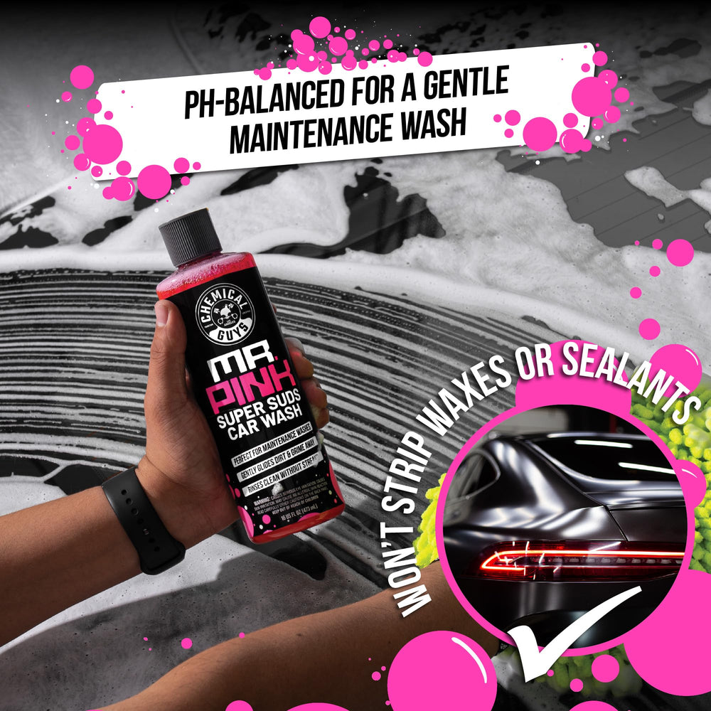 Chemical Guys Mr. Pink bottle with chenille wash mitt staged, ready-to-use bundle benefit