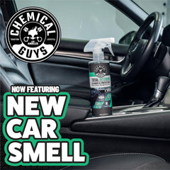 Chemical Guys label close-up showing New Car Smell scent and ingredient clarity
