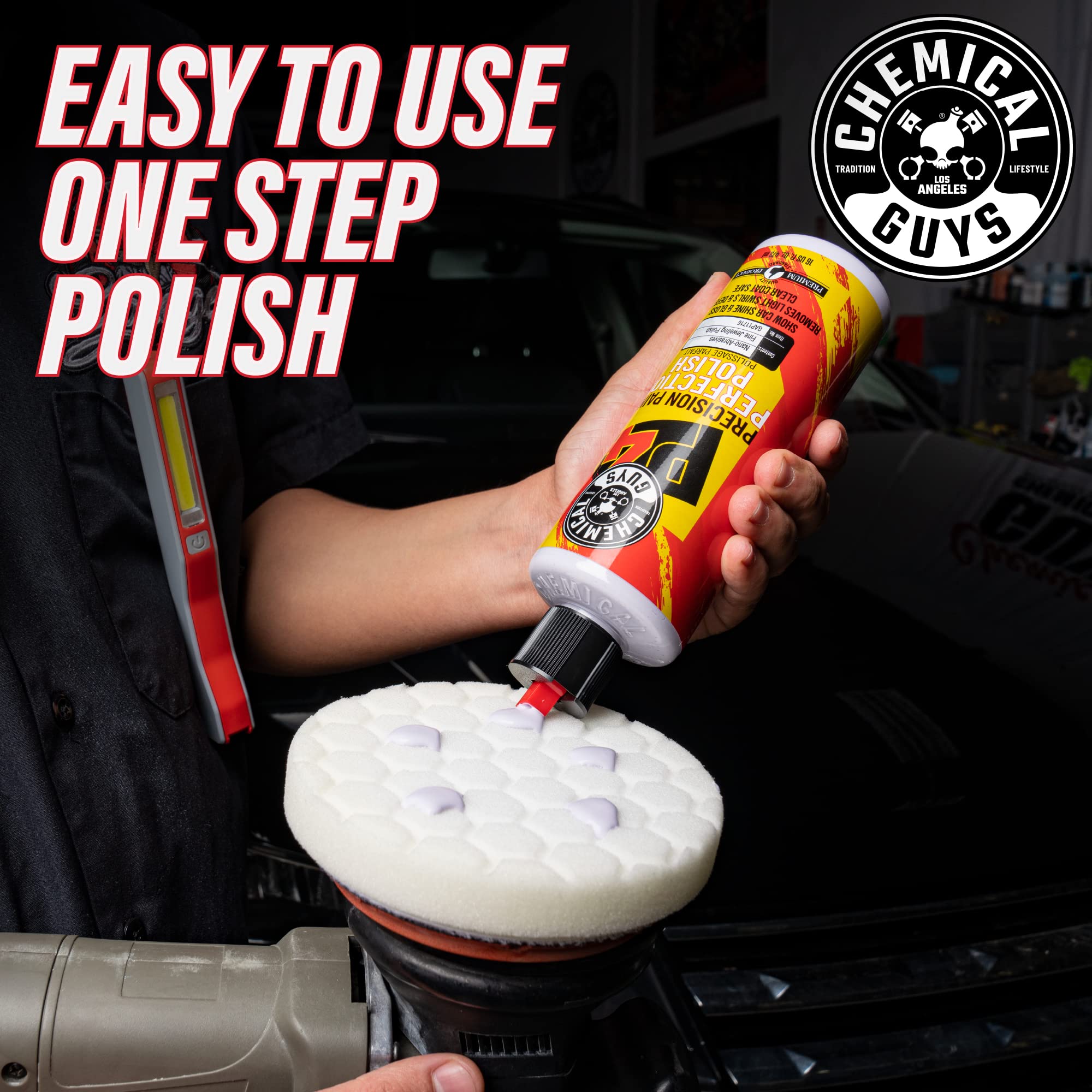 Chemical Guys polish arranged with pads and towels showcasing a complete detailing setup