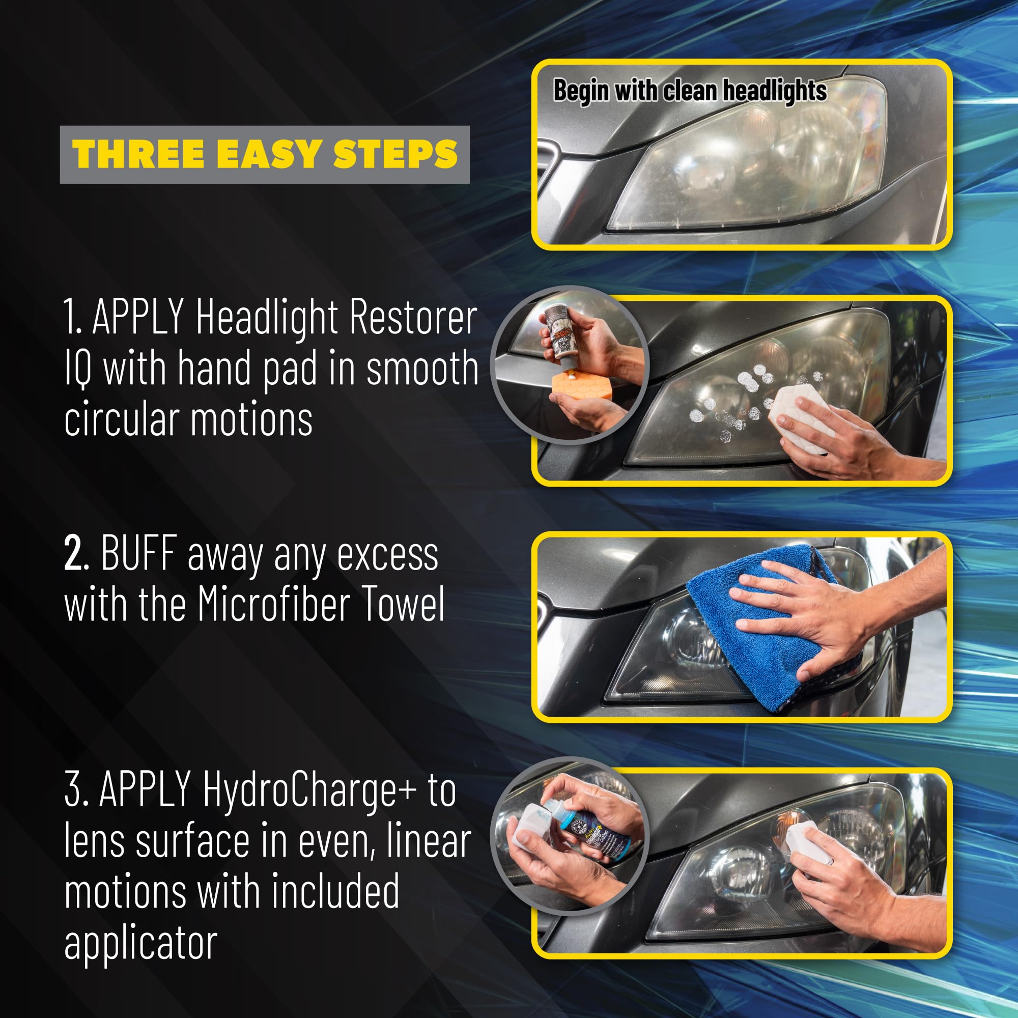 Chemical Guys polishing action on headlight during machine restoration for faster correction