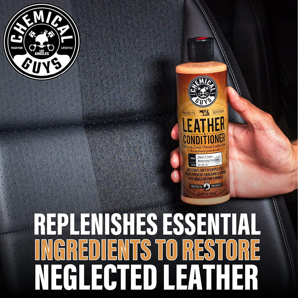 Chemical Guys products applied to car seat being wiped, restoring leather look and comfort