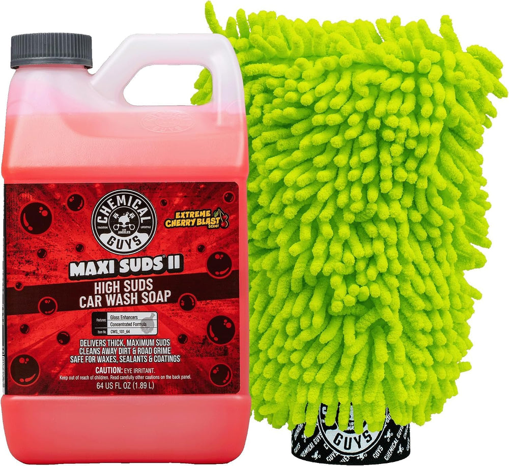 Chemical Guys 64 oz bottle next to hands for scale and easy-pour visualization