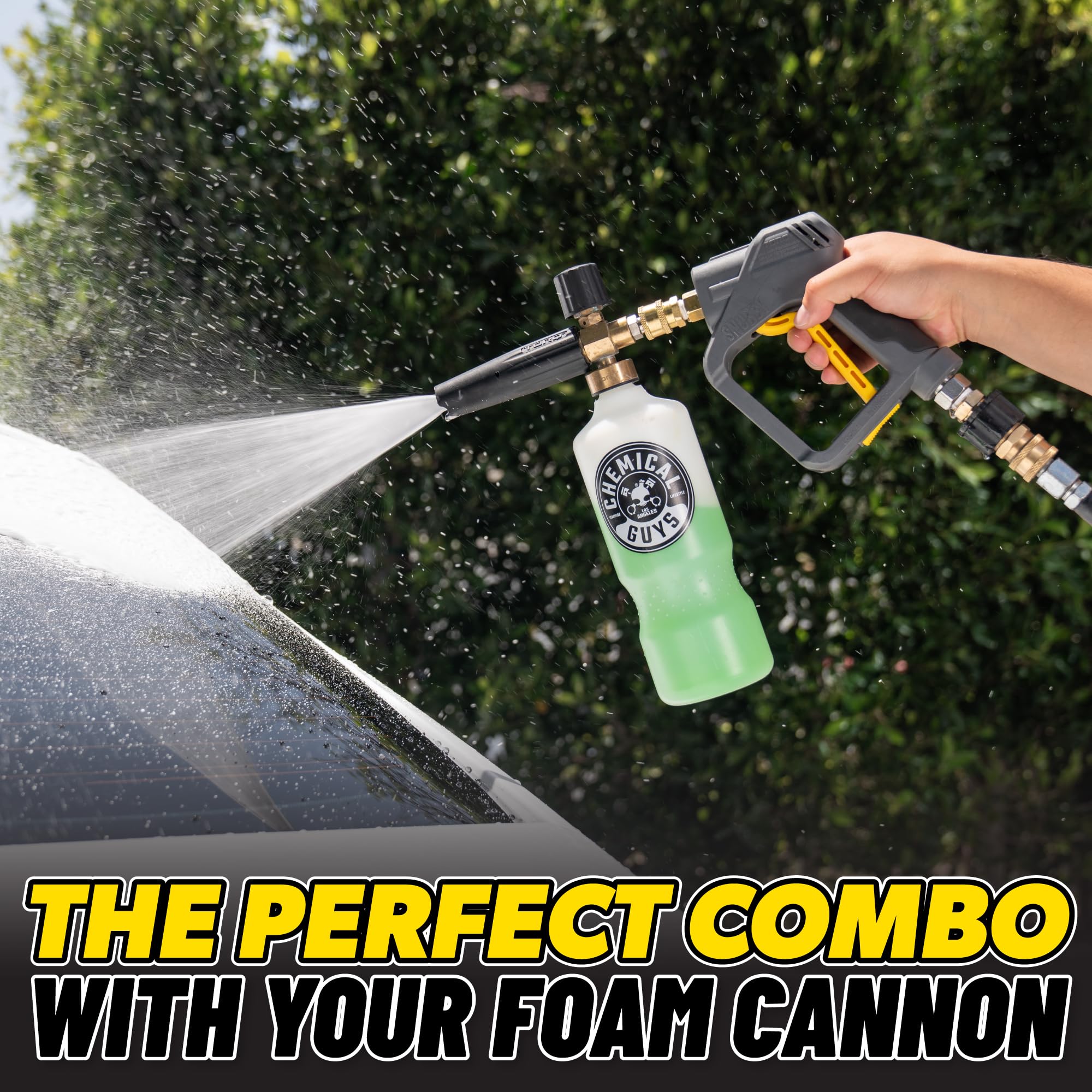 Chemical Guys snubby gun with foam cannon attached producing thick suds