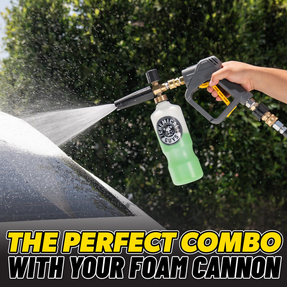 Chemical Guys snubby gun with foam cannon attached producing thick suds