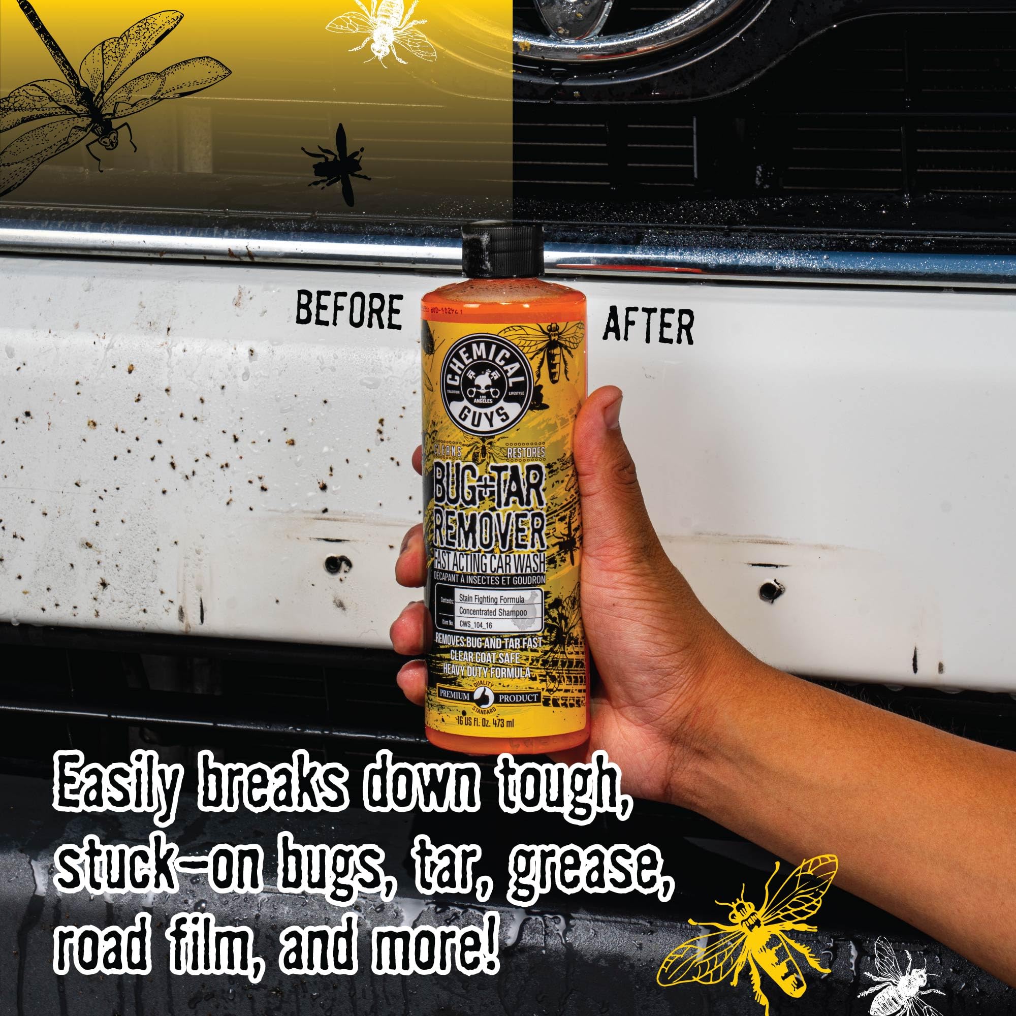 Chemical Guys spray close-up breaking down bug stains to reduce scrubbing