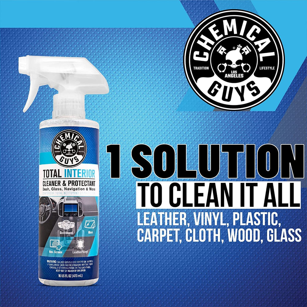 Chemical Guys Total Interior spray bottle close-up showing label and ergonomic trigger for precise cleaning