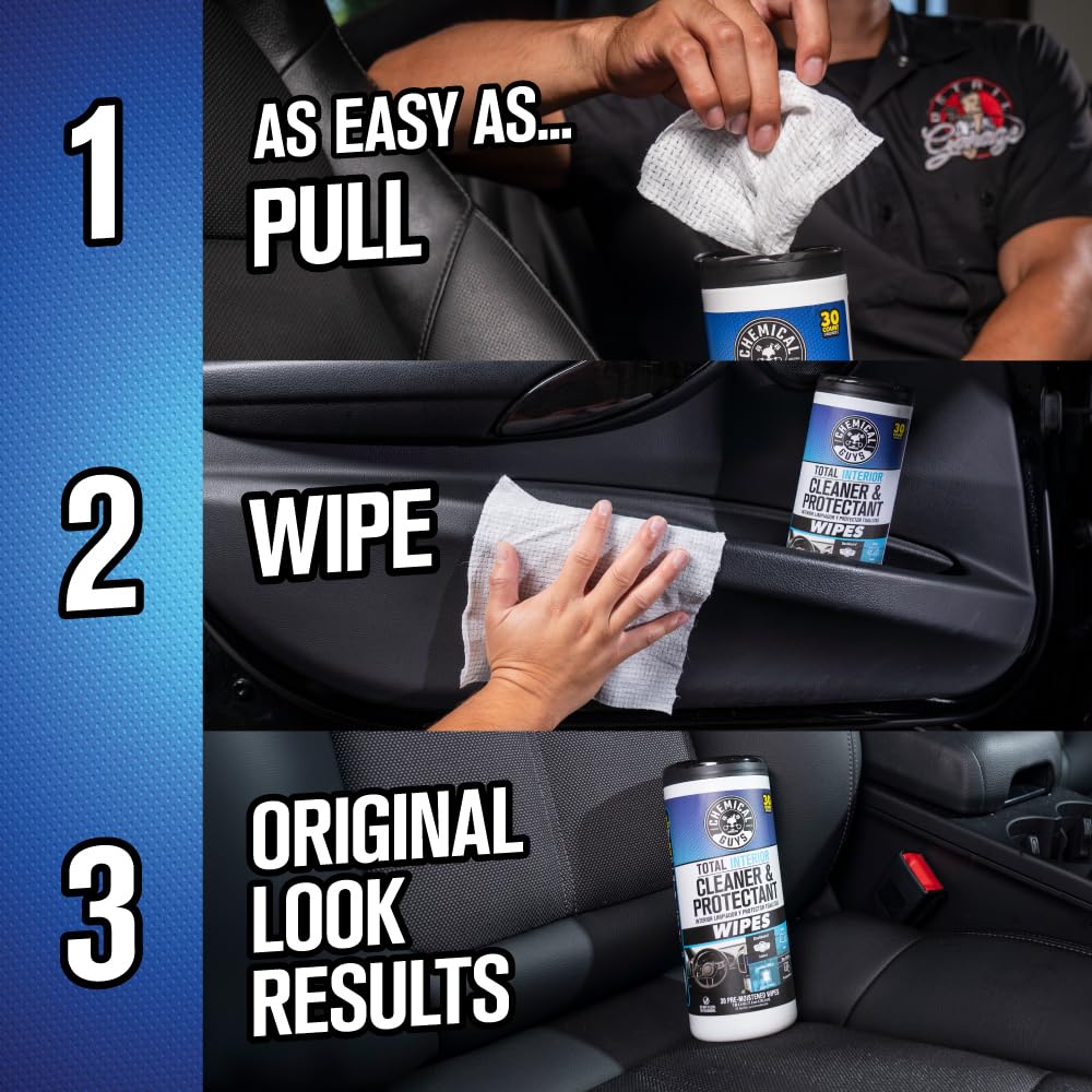 Chemical Guys wipe cleaning leather seat showing gentle lift of grime for surface-safe benefit