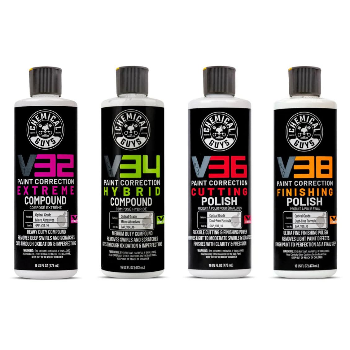 Chemical Guys bottle lineup front packaging showing kit contents and clear labels for easy step-by-step use