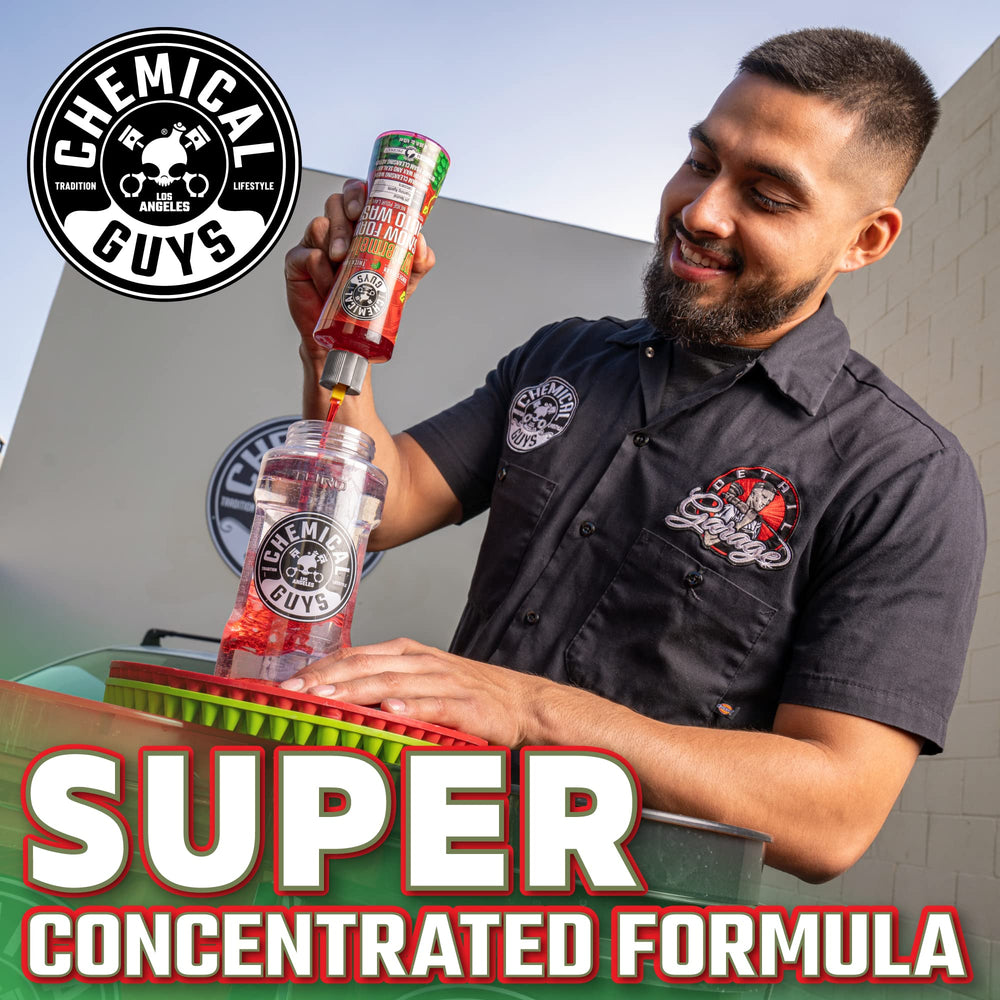 Chemical Guys rinsing off foam showing easy grime removal and streak-free benefit