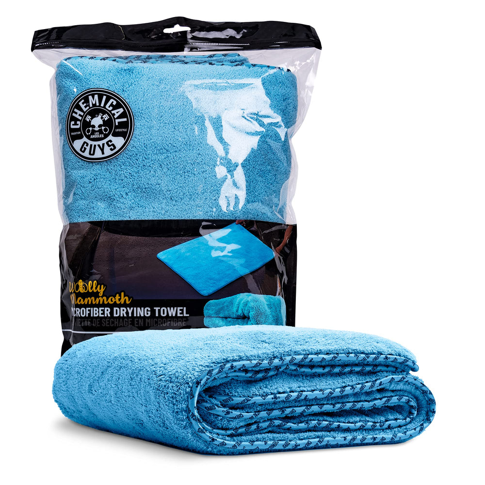 Chemical Guys front view of blue Woolly Mammoth towel showing size and plushness, for faster drying