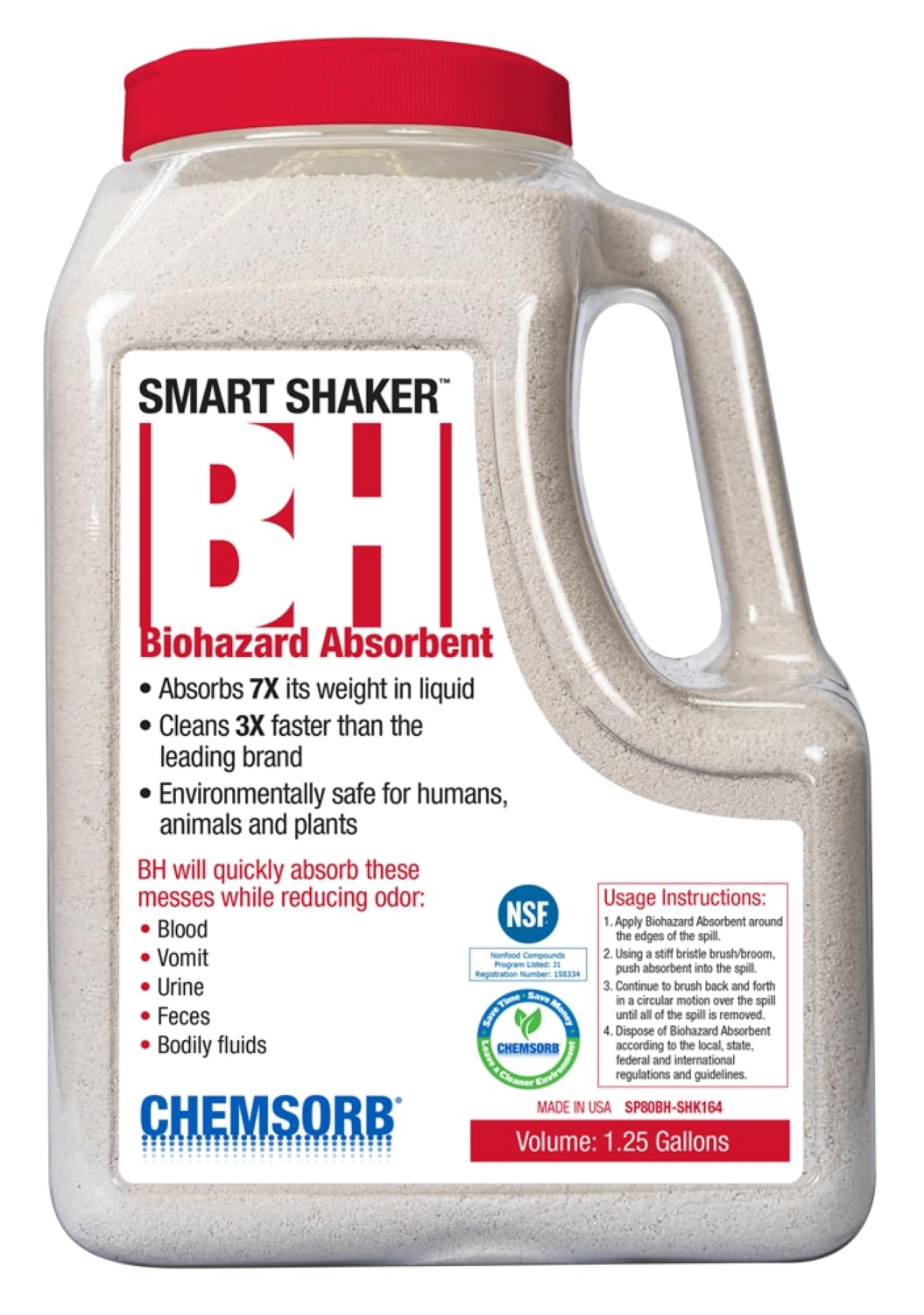Chemsorb bottle front view showing red cap and label, easy identification for fast response