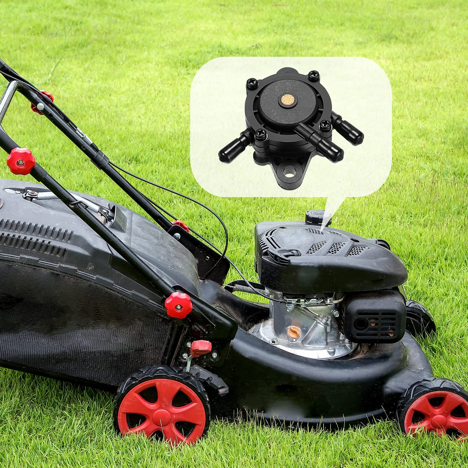 CHENGU pump visible on a lawn mower in garden showing restored performance