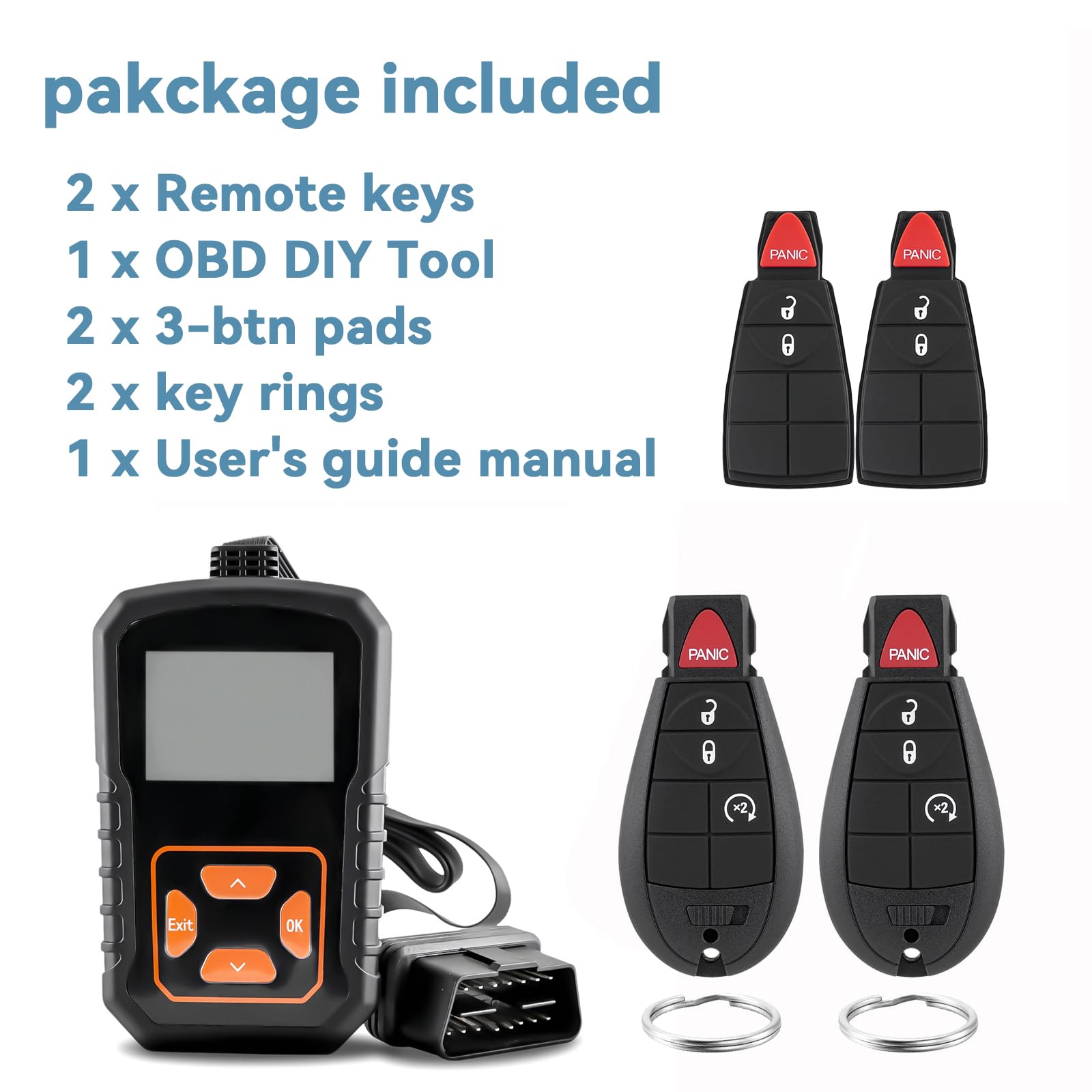 CHIJUIYZKEY size comparison on RAM dashboard showing compact fob and OBD tool portability