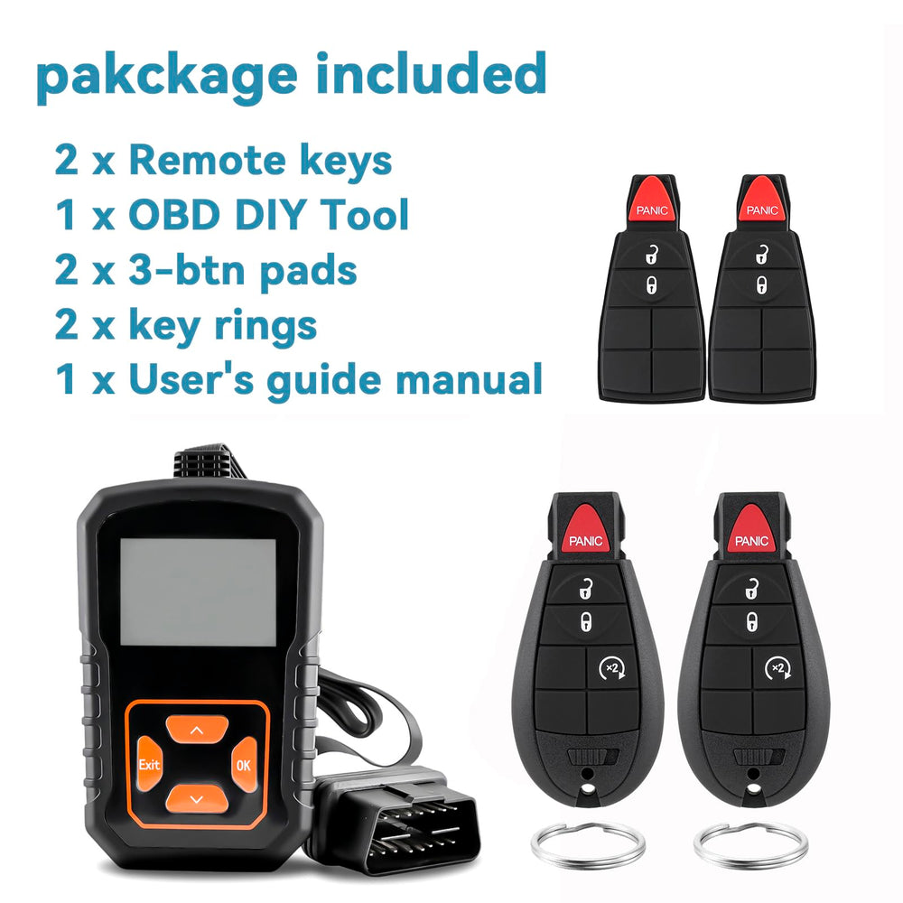 CHIJUIYZKEY size comparison on RAM dashboard showing compact fob and OBD tool portability
