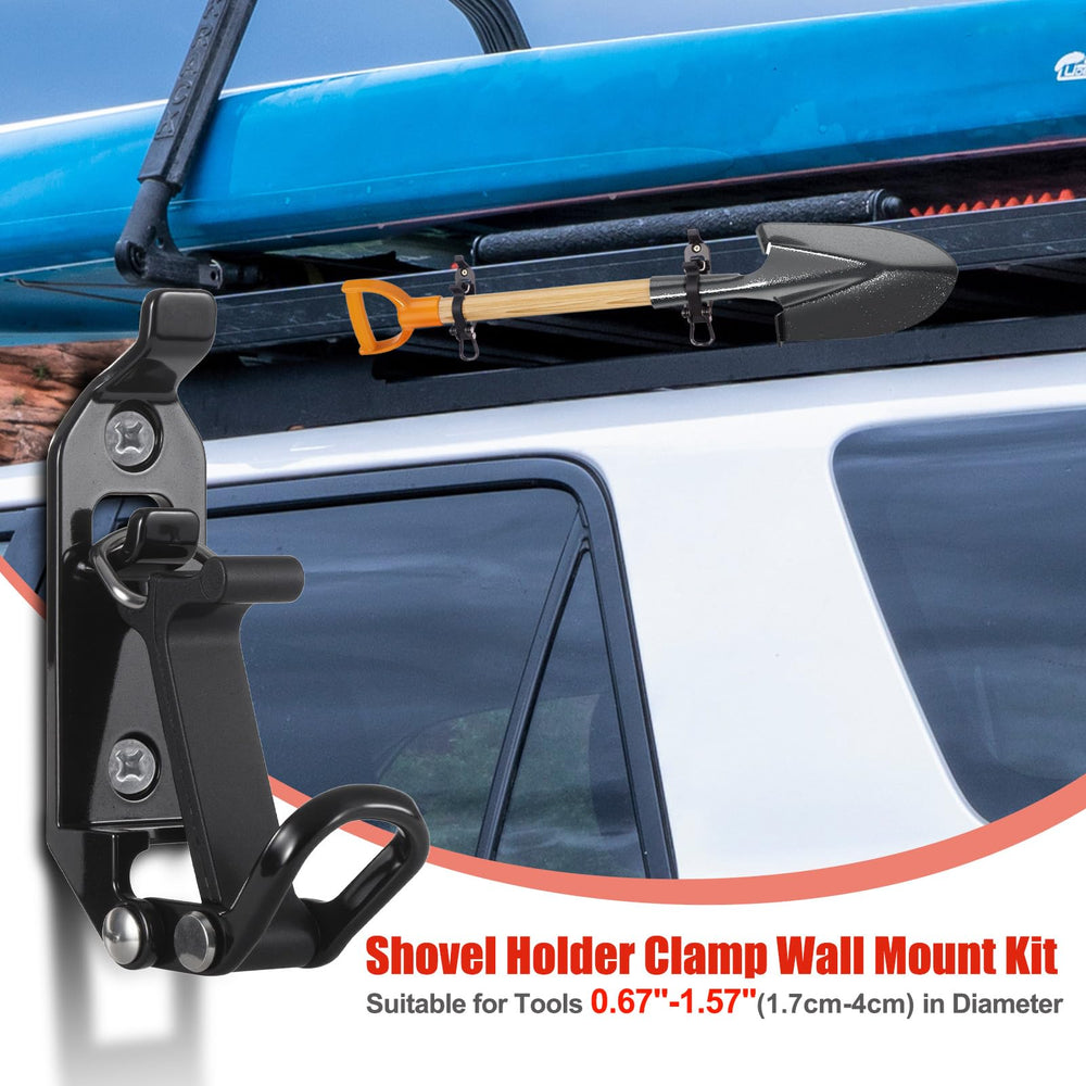 ChimimeDecor shovel mount beside ruler showing dimensions and fit range for handles