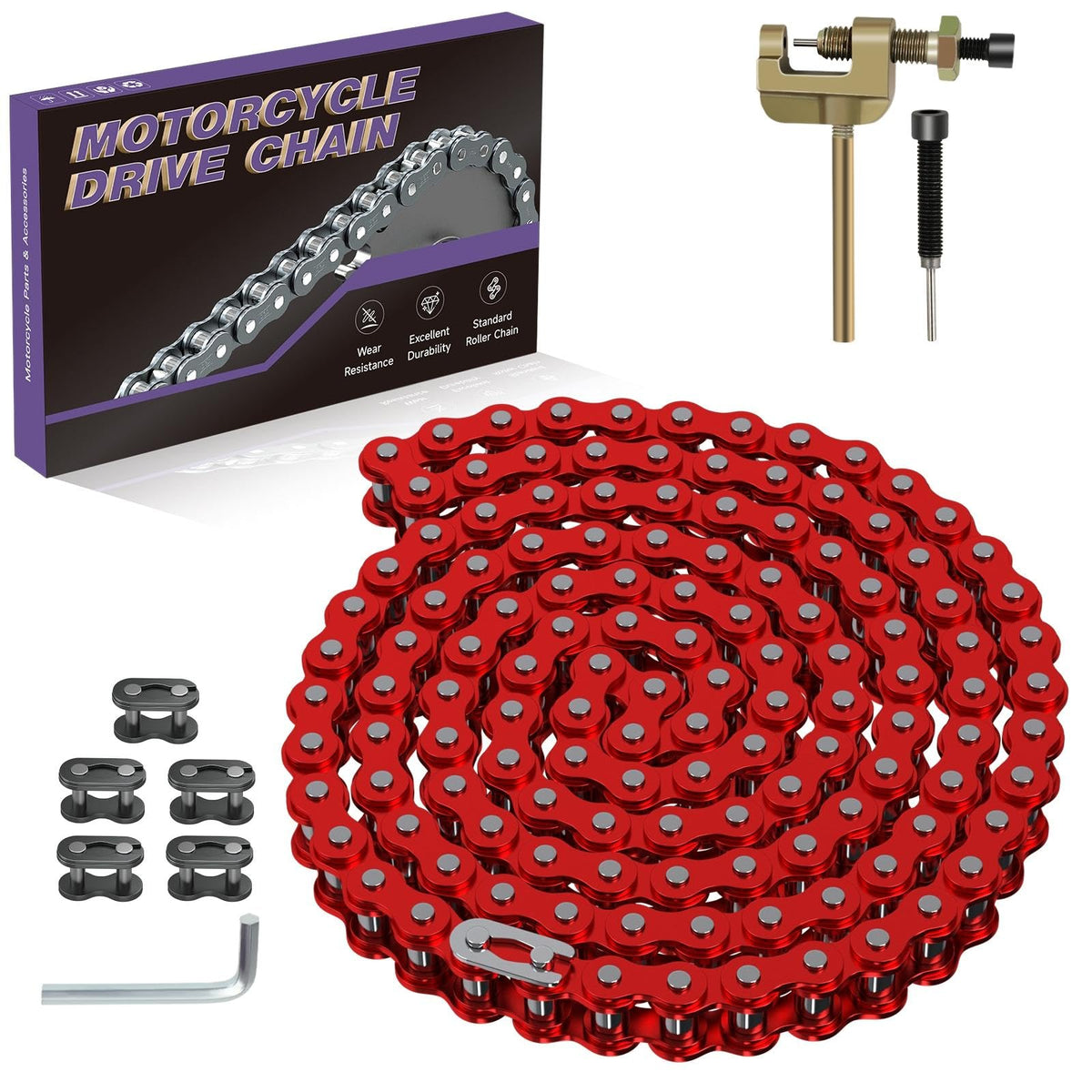 CILOYU front view of 4ft #35 roller chain showing packaging and included tools, clear fitment benefit