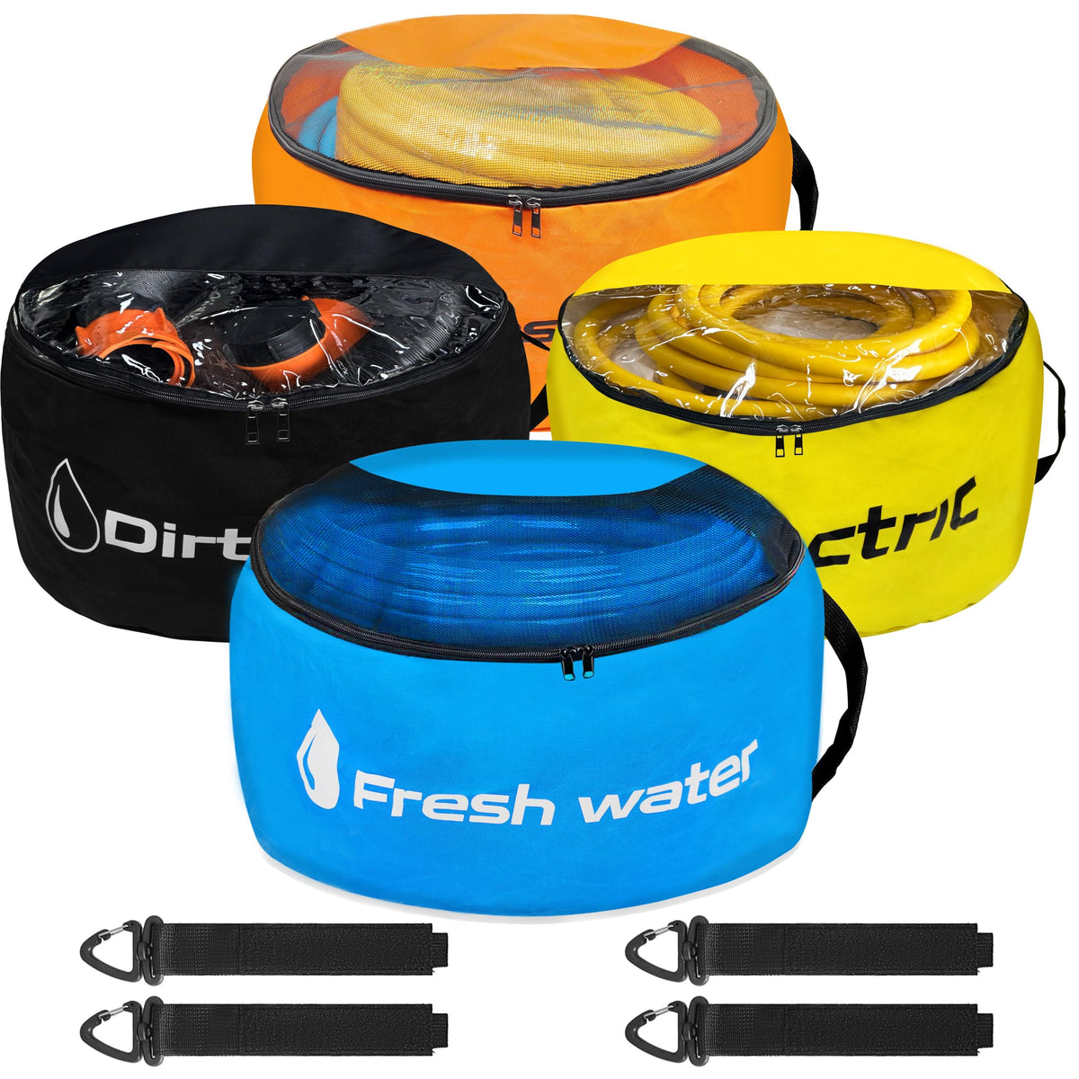 CircleRoad front pack view showing all four color-coded bags for quick identification and organization