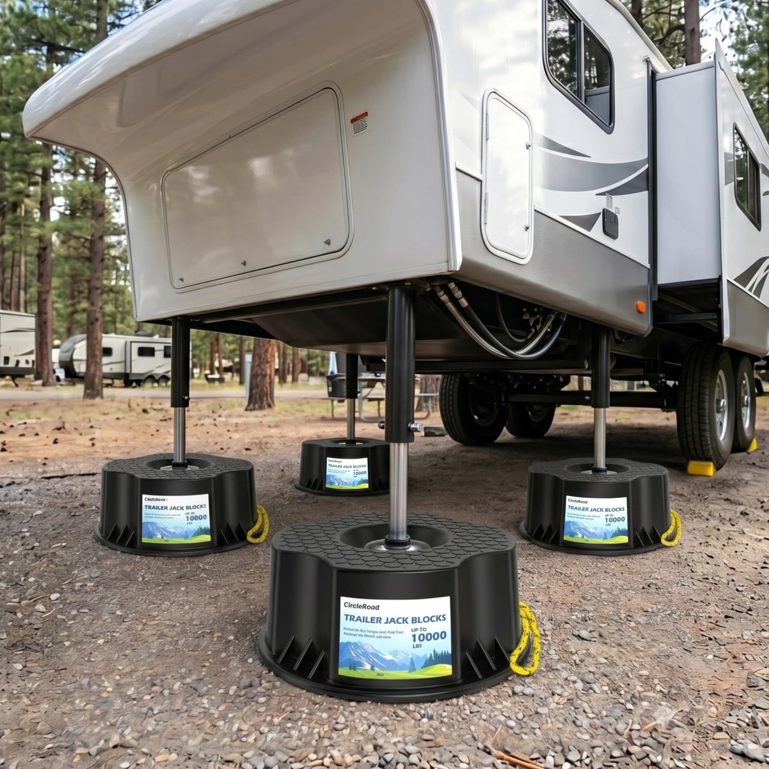 CircleRoad pad under camper jack at campsite showing improved stability benefit