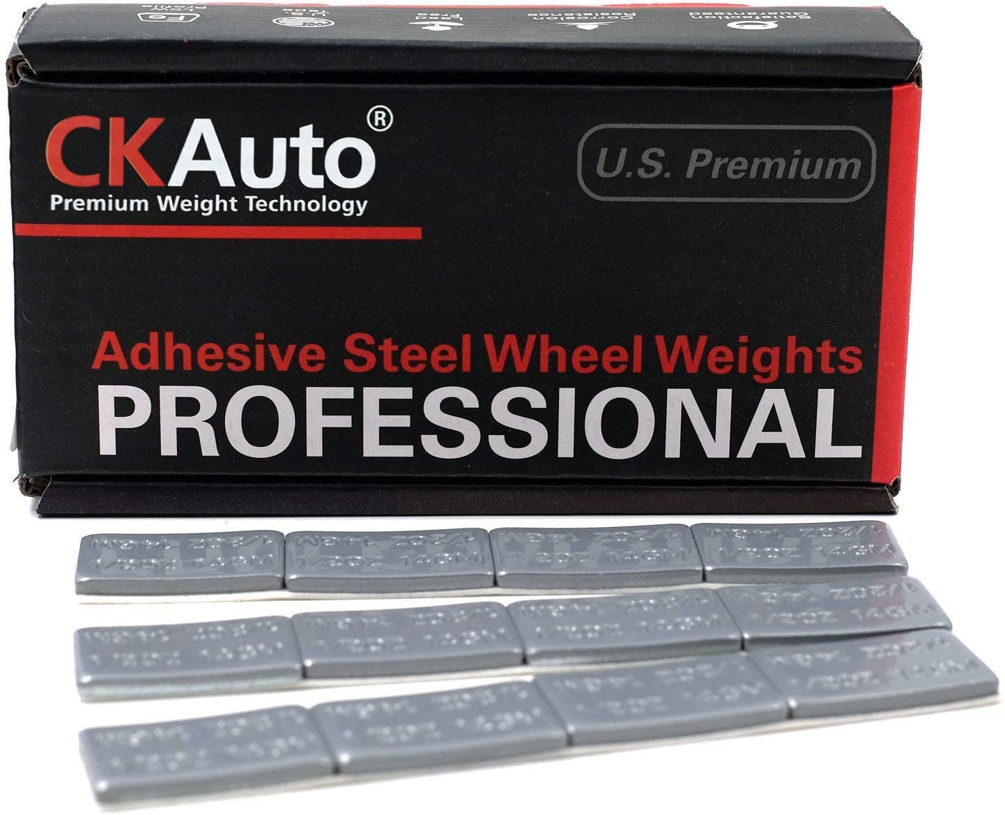 CKAuto front packaging showing 120-piece grey adhesive wheel weights and clear labeling, easy identification