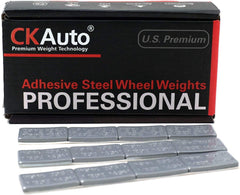 CKAuto front packaging showing 120-piece grey adhesive wheel weights and clear labeling, easy identification