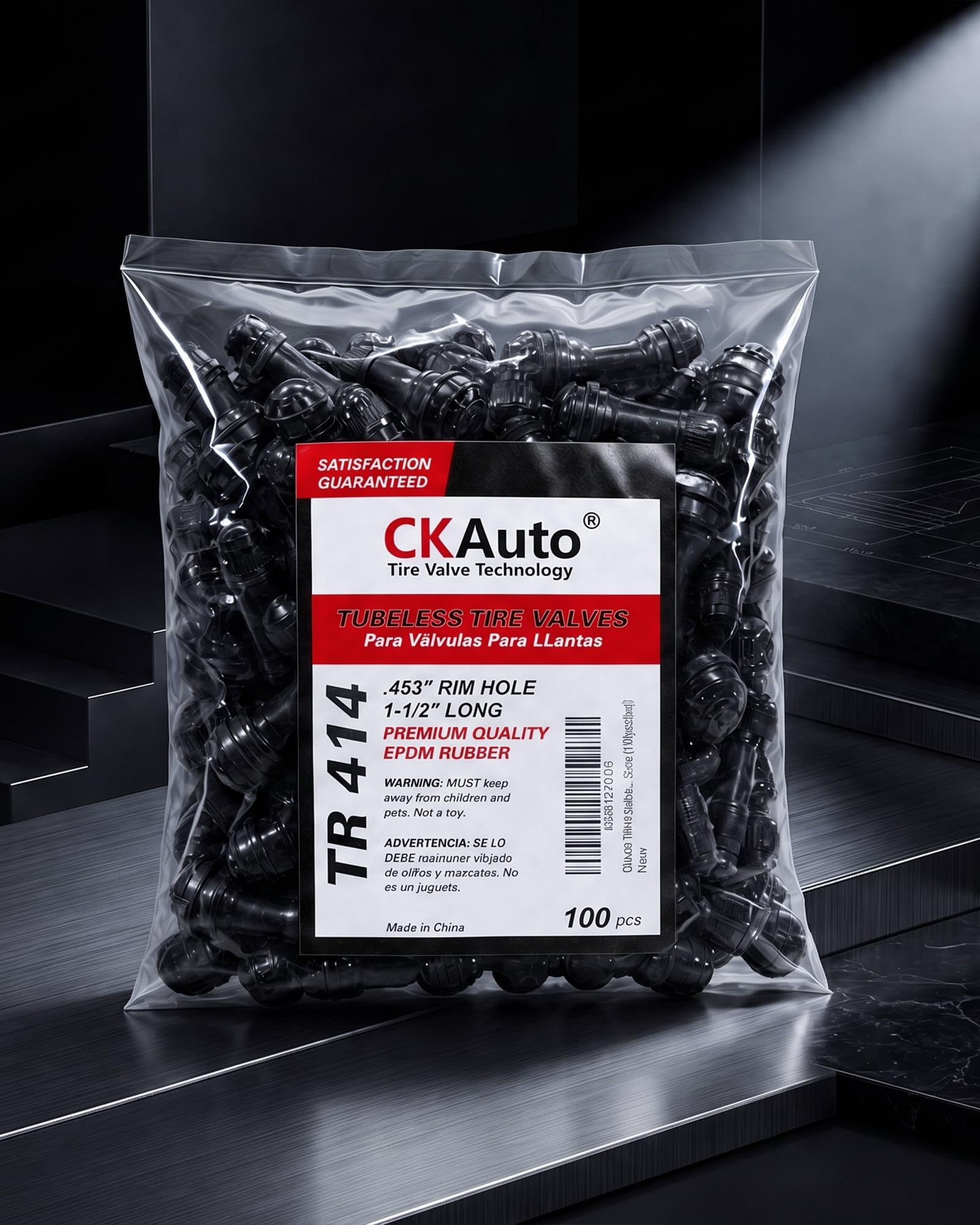 CKAuto TR414 next to ruler size comparison confirming 11.5 mm rim hole fit
