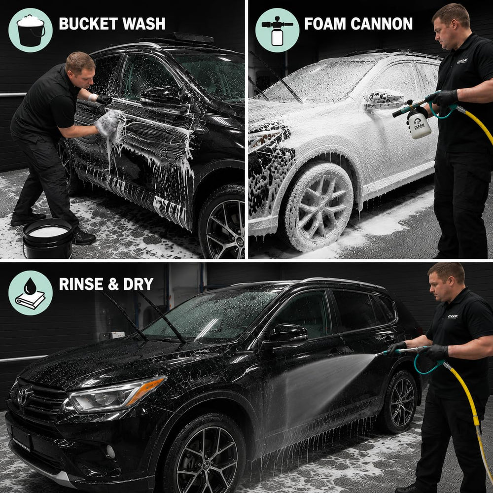 CLEAN. in foam cannon spraying thick foam across vehicle for pre-wash lubrication