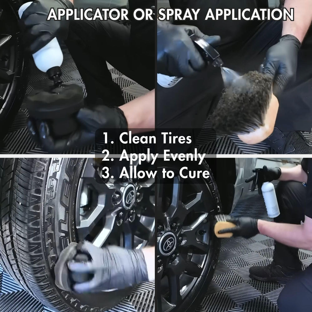 CLEAN. tire sidewall before and after showing deeper, long-lasting satin black restoration