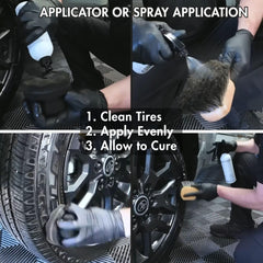 CLEAN. tire sidewall before and after showing deeper, long-lasting satin black restoration