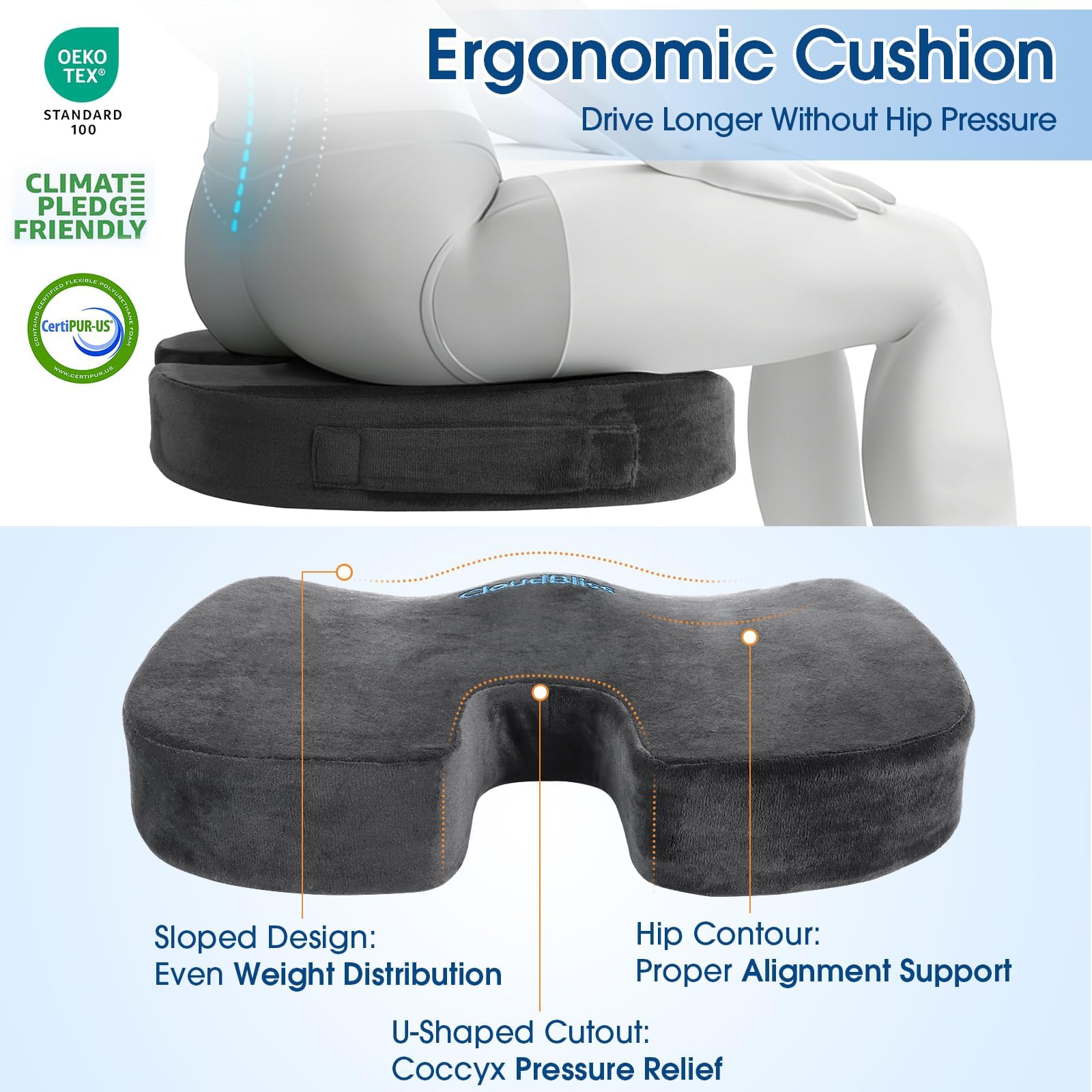 CloudBliss seat cushion placed on an office chair improving daytime posture