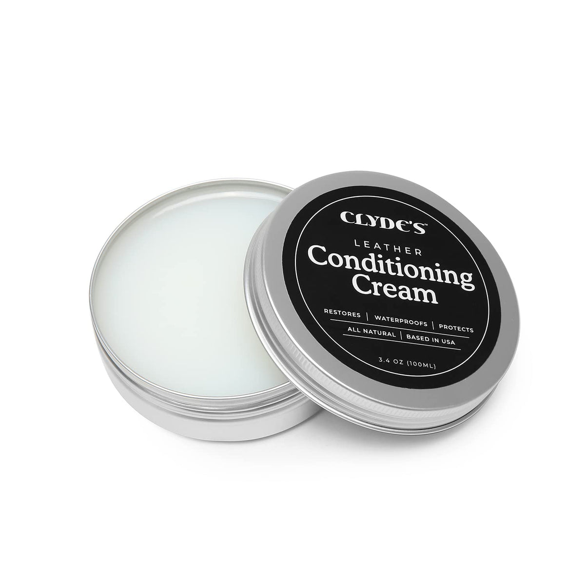 Clydes Leather Conditioning Cream jar front view showing product and brand benefits