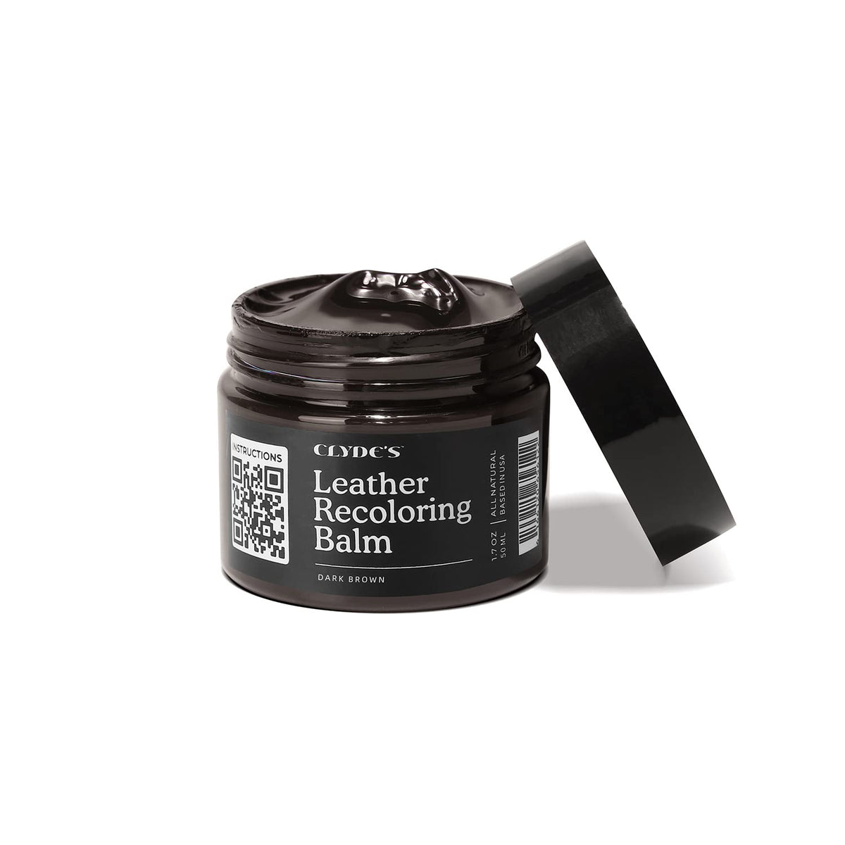 Clydes Leather Company jar front view showing product branding and clarity benefit