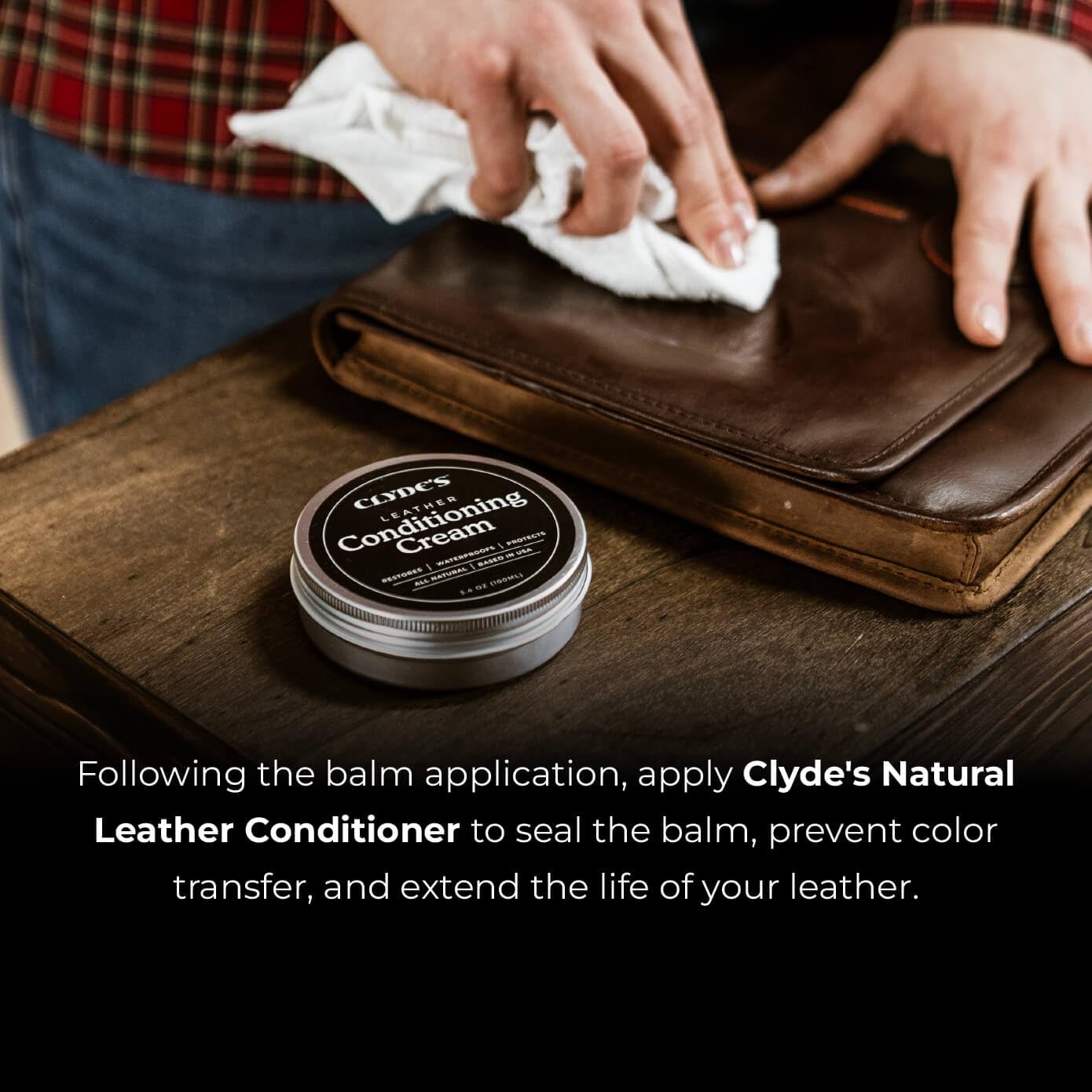 applying Clydes cream to leather sofa with cloth for visible softening benefit