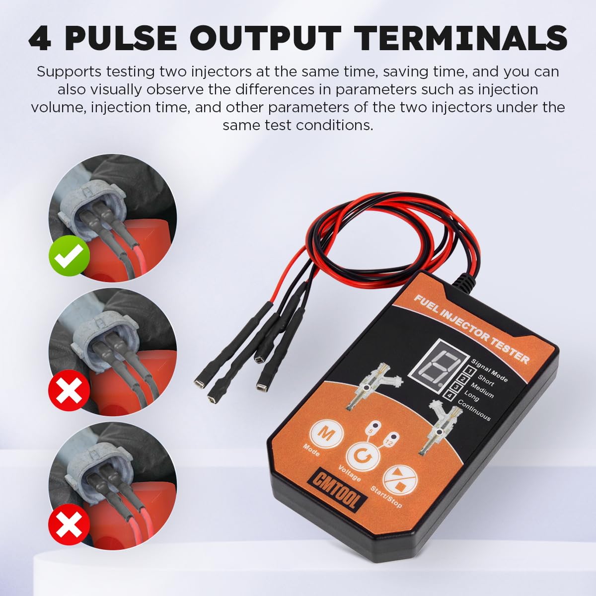 CMTOOL dual output test leads connected, enabling simultaneous injector comparison