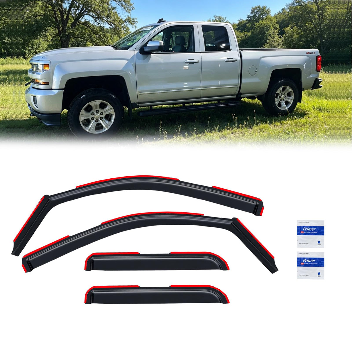 CMVT Auto front packaging showing four dark-smoke visors and benefits