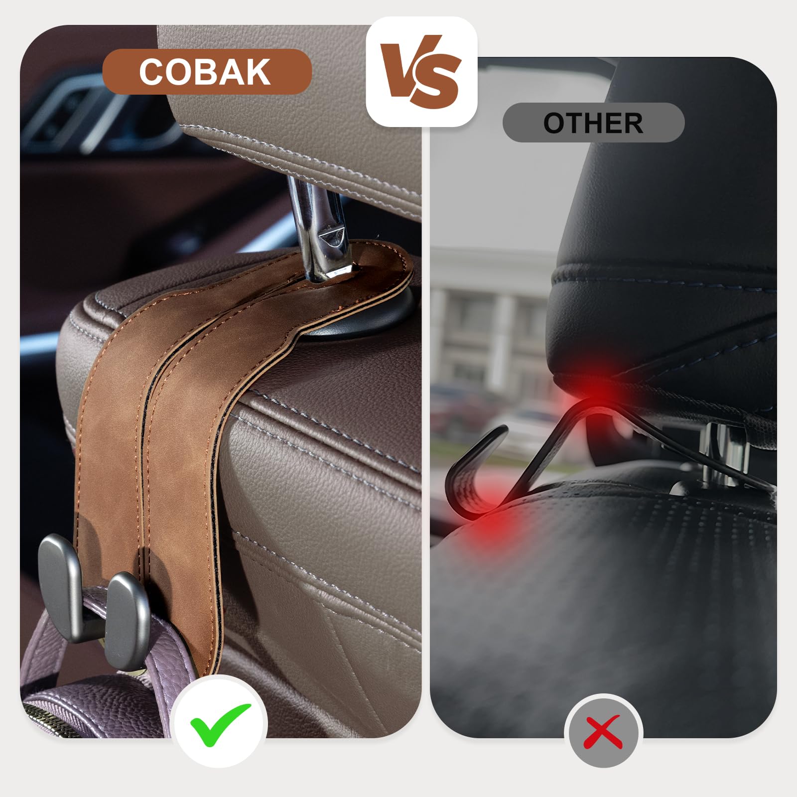 CoBak hook mounted on headrest demonstrating secure installation and space saving