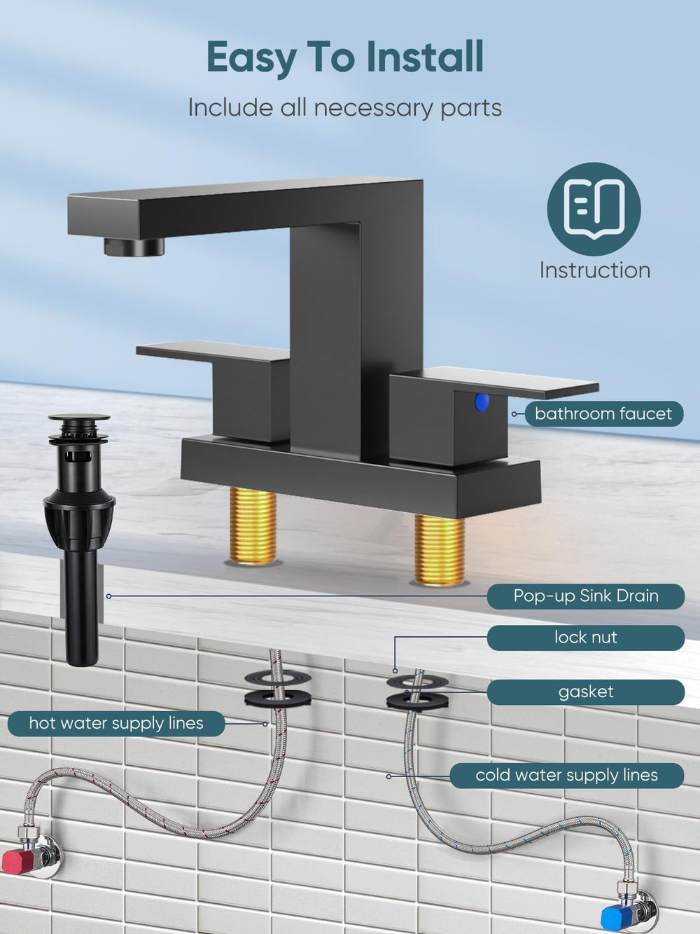 Cobbe pop-up drain and supply hoses showing ready-to-install convenience benefit