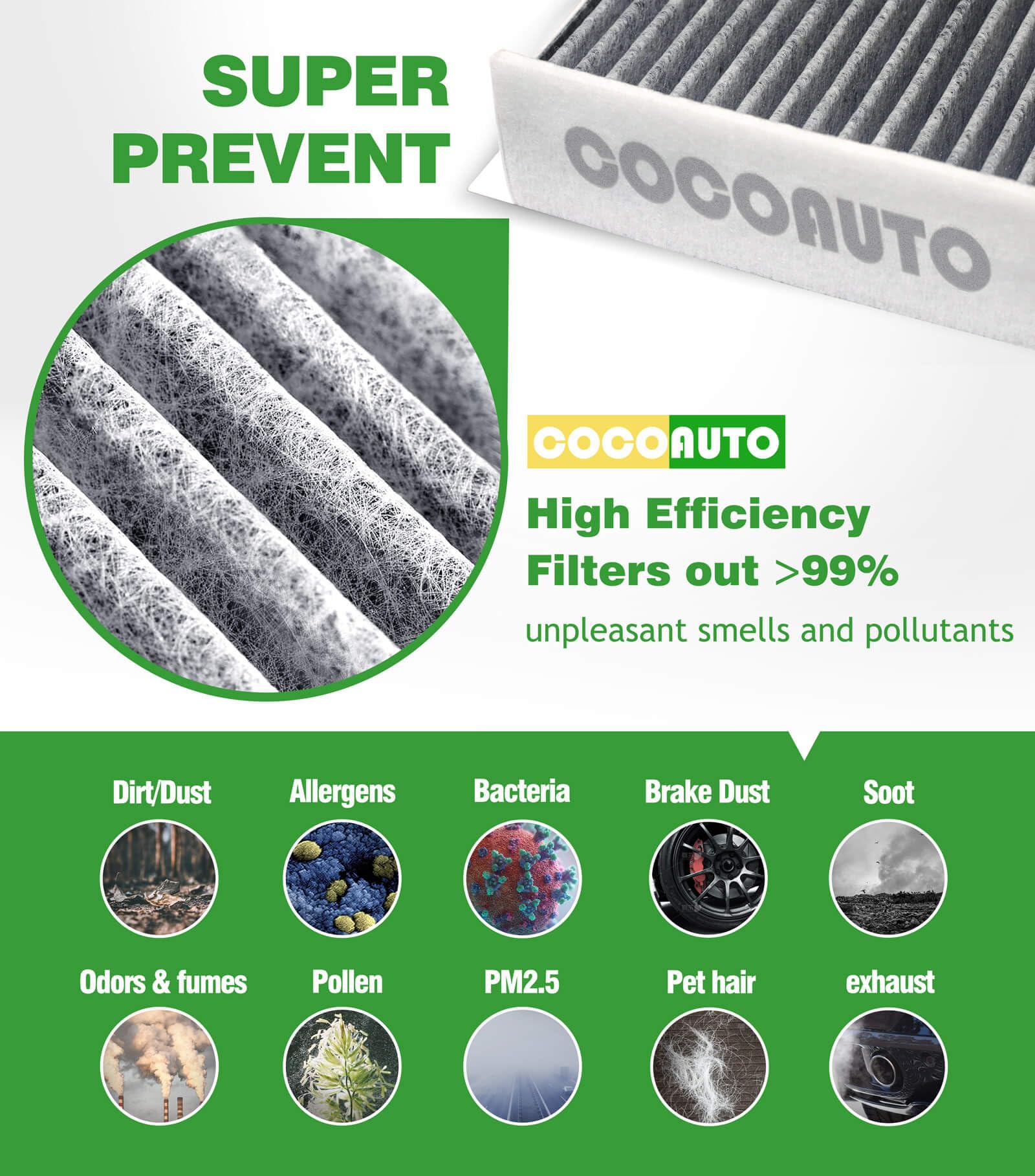 COCOAUTO high-flow engine air filter detail showing pleated media for improved airflow