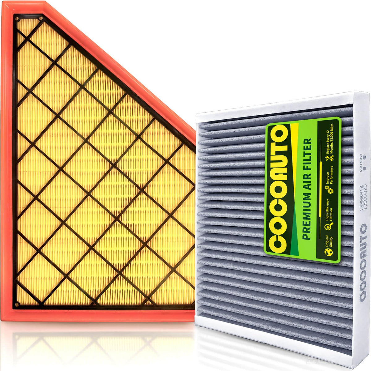 COCOAUTO front packaging of engine and cabin filter kit showing included items and benefits