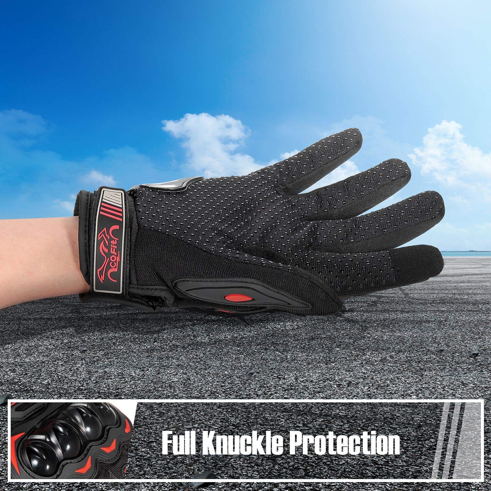 COFIT gloves on motorcycle bars demonstrating secure control benefit