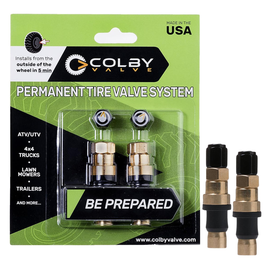 Colby Valve front view showing two metal stems and compact packaging for quick replacement