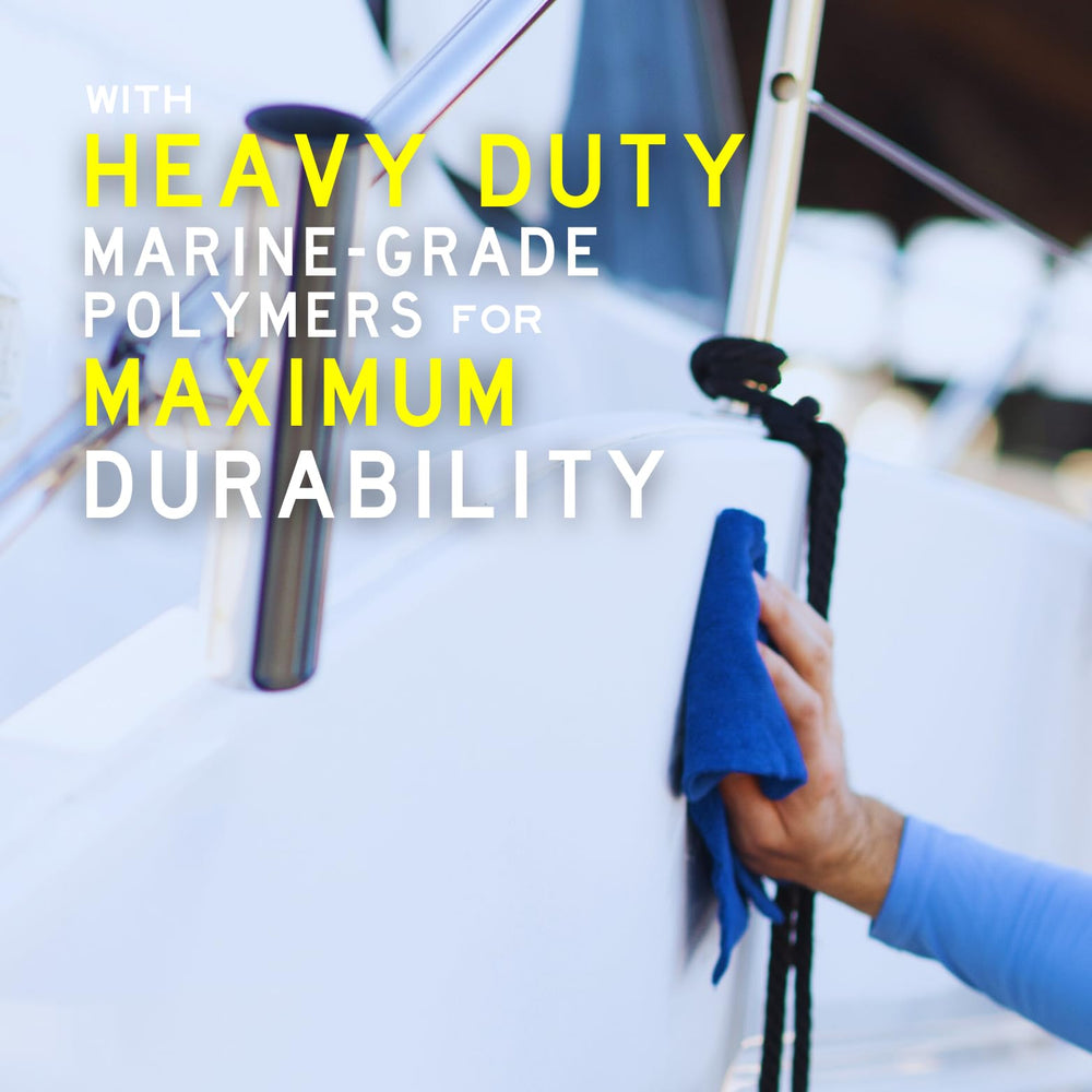 Collinite 885 finished boat hull at dock showing high gloss and long-lasting protection